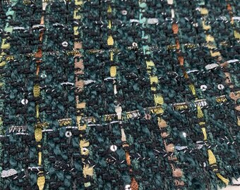 Dark Green Tweed Fabric, Tweed Boucle Fabric with Colorful Yarn  For Suit Coat, Dress, Haute Couture 59 inches Width