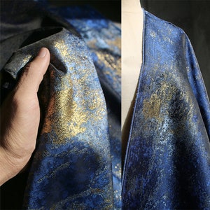 Navy Blue Gilt Bronze Jacquard Fabric, Double Face Gold Petal Shimmer Brocade, Quality clothing upholstery DIY fabric 64.9 inches width