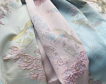 Crane Chinese Jacquard Fabric, Embossed Floral Damask Gold Embroidered Brocade For upholstery, Dress  DIY fabric 55 inches width