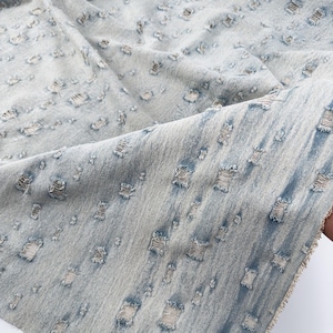 Old Grinding White Denim Fabric, Textured Distressed Denim, Worn-out Denim For Fashion Appreal, Haute Couture, 63 inches width. Thick