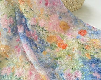 Tela jacquard de gasa vibrante, con textura floral colorida y pestañas, para vestido, 145 cm de ancho.