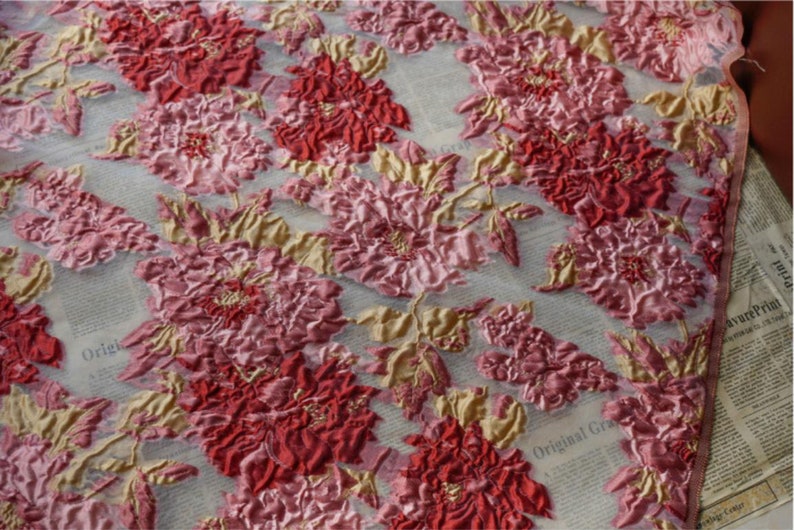 Flora Emboss Jacquard Fabric Gold Embroidered Damask Blossom Etsy