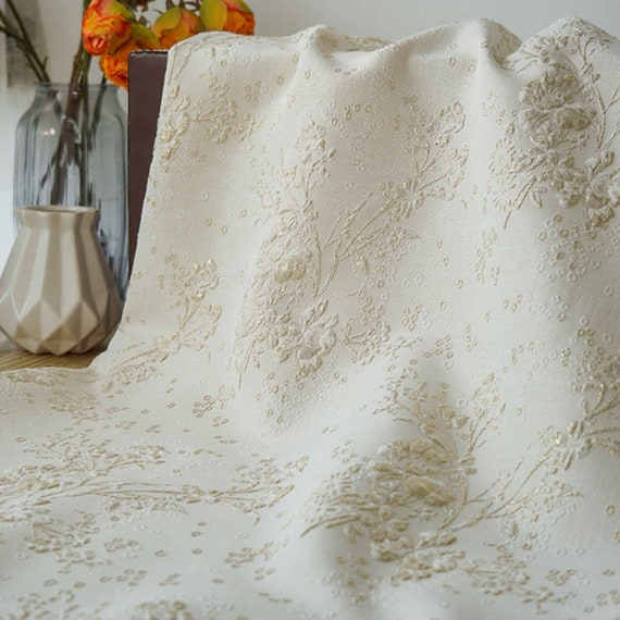 textured shimmer floral dress in cream Ivory Jacquard Fabric,3D Texture Embossed Brocade, Damsk for Dress, Haute Couture 55