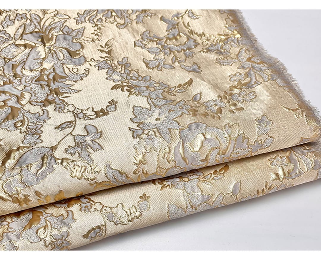 Luxury Gold Jacquard Fabric, Embossed Floral Damask Brocade for