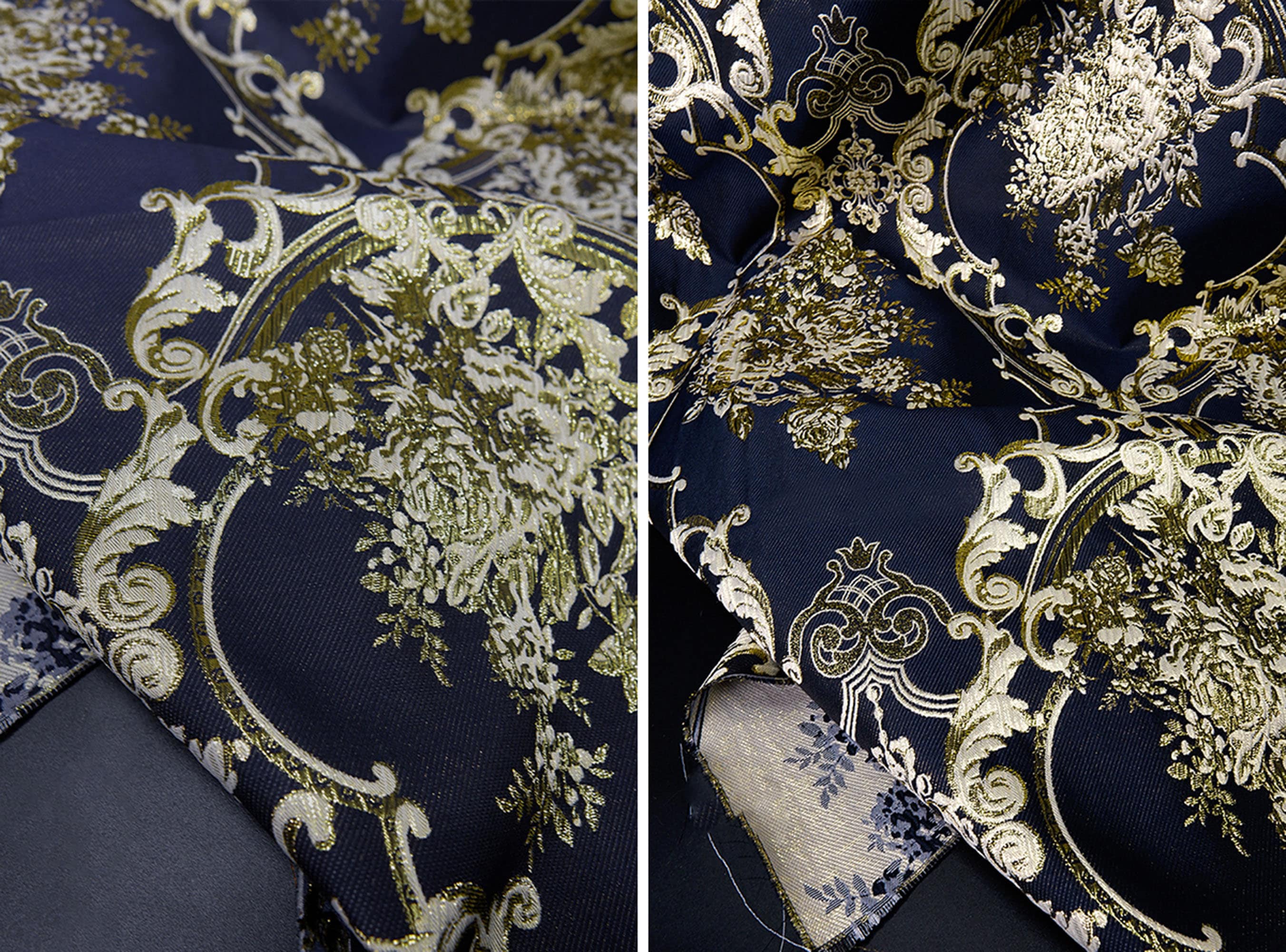 Luxury Dark Blue Gold Jacquard Fabric, Court Style Gold 
