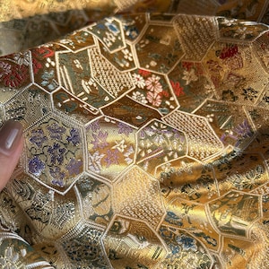 Gold Brocade Fabric, Japanese Kinran Silk Jacquard, Damask, For Haute Couture, Costume, DIY Crafts 59 inches Width