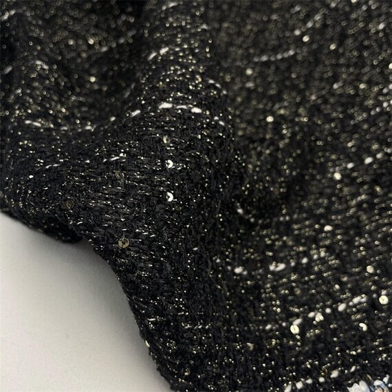 Shiny Gold and Black Tweed Fabric, Metallic Tweed Boucle