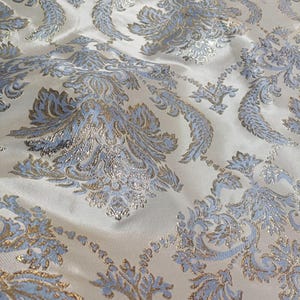 Luxury Gold Jacquard Fabric, Baby Blue Floral Court Style Damask Brocade For Haute Couture, Dress  DIY fabric 59 inches width