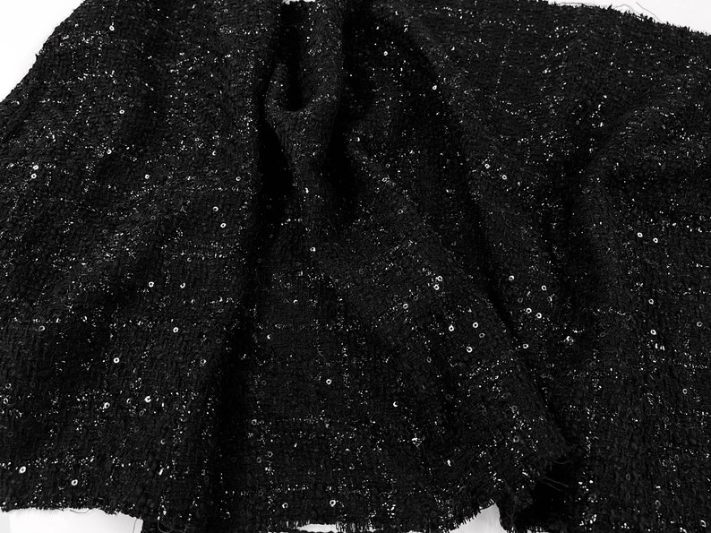 Sparkling Black Tweed Fabric by the Yard, Shiny Yarns Tweed Boucle Fabric with Sequins For Jacket, Suit Coat 59inches width image 1