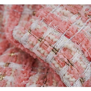 Pink Tweed Fabric, Lovely Tweed Boucle Fabric with Tassel  For Suit Coat, Dress Haute Couture 59 inches Width