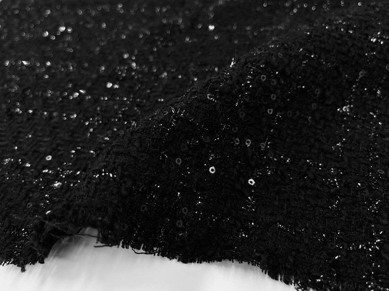 Sparkling Black Tweed Fabric by the Yard, Shiny Yarns Tweed Boucle Fabric with Sequins For Jacket, Suit Coat 59inches width image 6