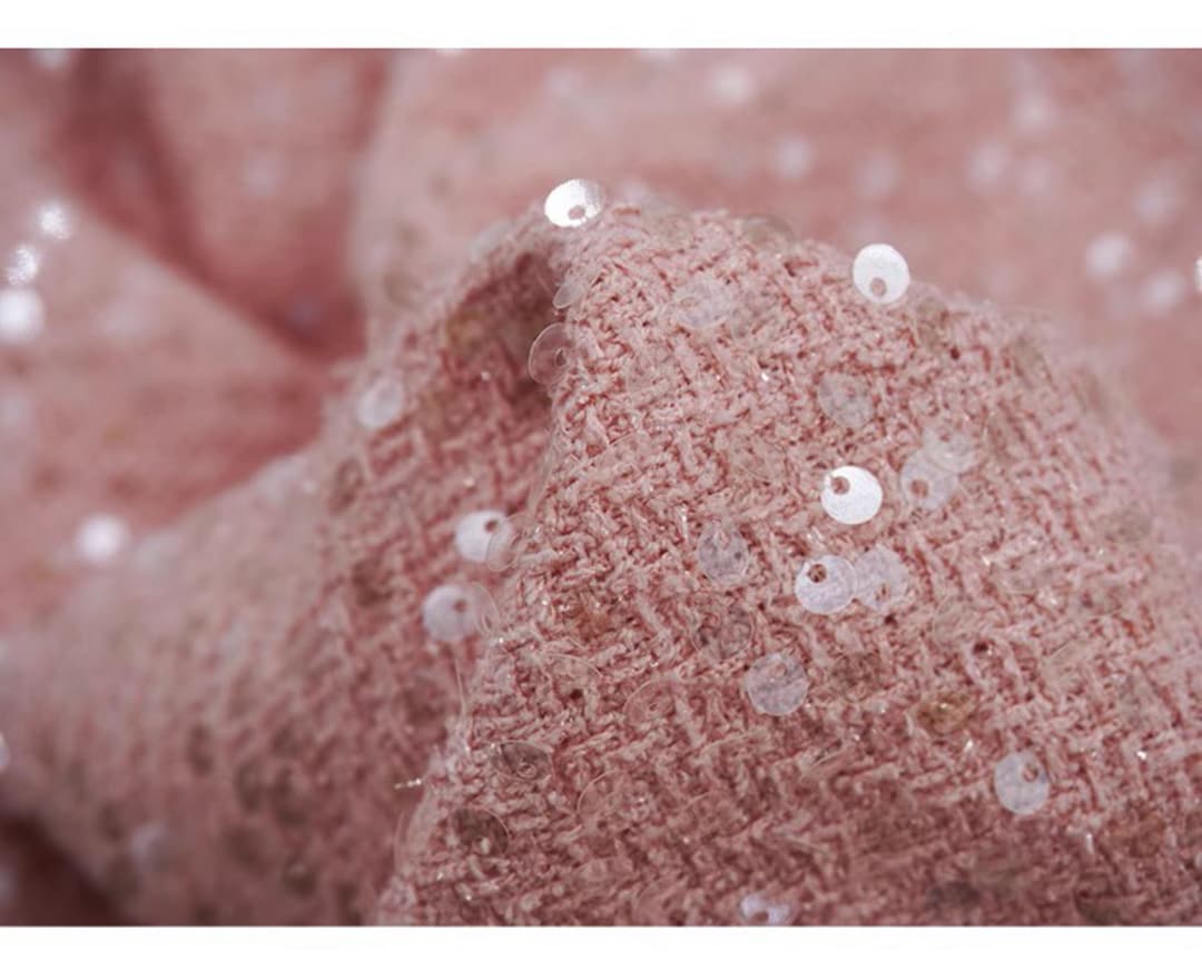 Pale Pink Tweed Fabric by the Yard, Sequins Beaded Tweed Boucle Fabric