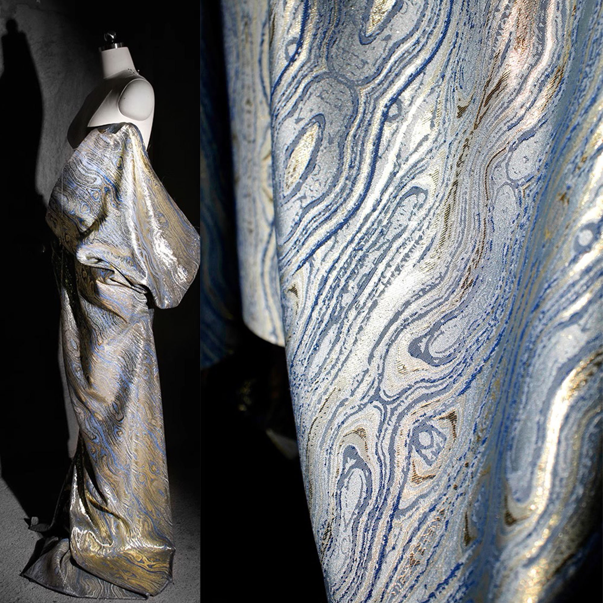 Blue Ripples Jacquard Fabric, Shiny Brocade Double Face Damask for ...