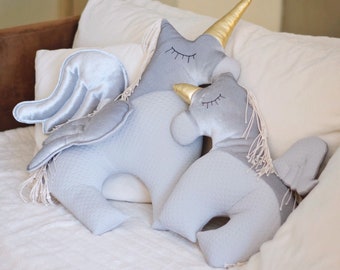 Set of Two Best quality Handmade Pillow softies. Silver Mummy and Baby Unicorn Family with Personalization