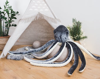 GRAN juguete de almohada de pulpo de felpa, softie marino hecho a mano para la decoración moderna de la habitación de los niños, pulpo relleno, increíble criatura marina, animal del océano