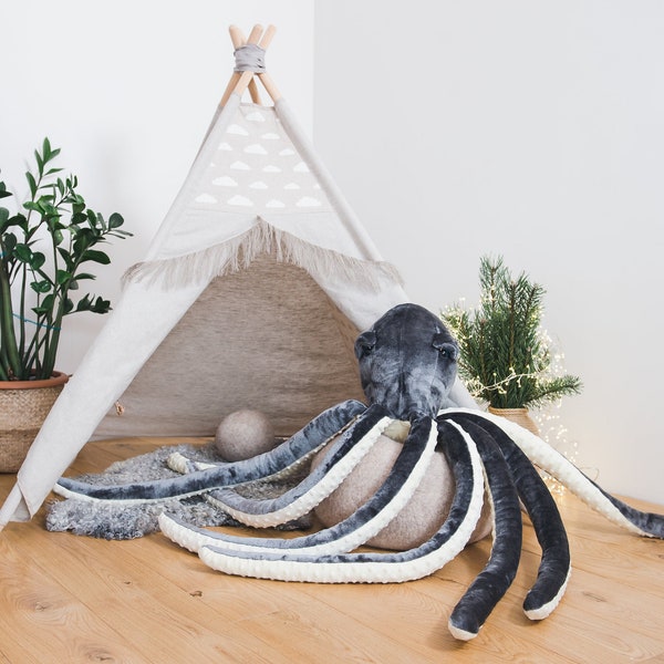 GRAND jouet d’oreiller de poulpe en peluche, softie marine faite à la main pour la décoration moderne de chambre d’enfants, poulpe en peluche, créature marine étonnante, animal de l’océan