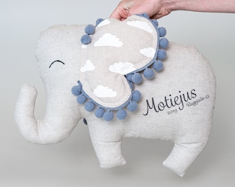 Personalized Linen Baby Elephant Plushie, Newborn gift, Nursery decoration