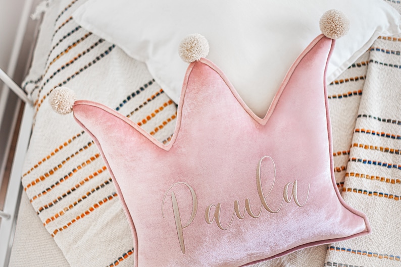 Pale pink Crown with Pom Poms Pillow for Home Decor with Personalisation image 5