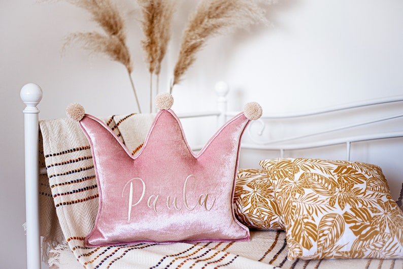 Pale pink Crown with Pom Poms Pillow for Home Decor with Personalisation image 4