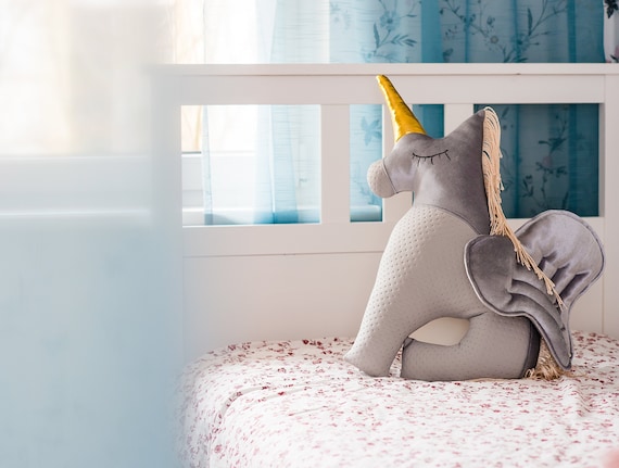 Personalised Grey Flying Unicorn Pillow for Kids Room Decoration Silver Grey With Golden Horn Etsy
