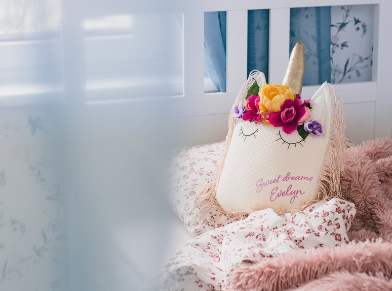 Personalised Handmade Floral Plush Unicorn Pillow for Cozy Room Decor image 1