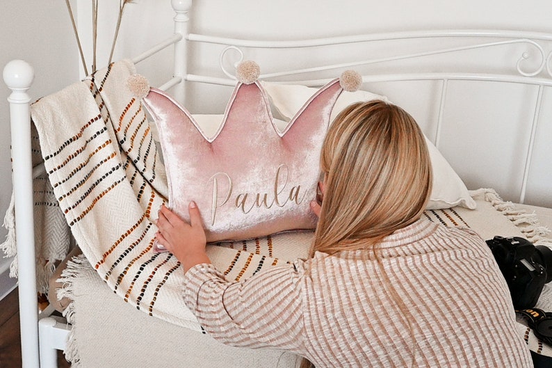 Pale pink Crown with Pom Poms Pillow for Home Decor with Personalisation image 6