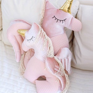 Set of Two Handmade Plush Pillows Pink Unicorn Family with Personalization. Best Mom To Be Gift Idea image 2