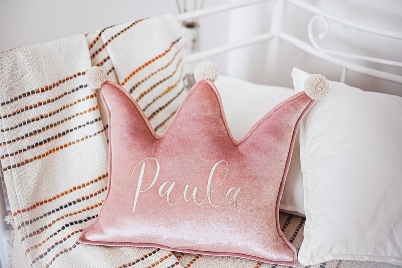 Pale pink Crown with Pom Poms Pillow for Home Decor with Personalisation image 1