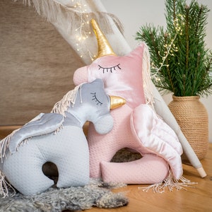 Set of Two Handmade Plush Pillows Pink Unicorn Family with Personalization. Best Mom To Be Gift Idea Mummy Pink/Baby Gray