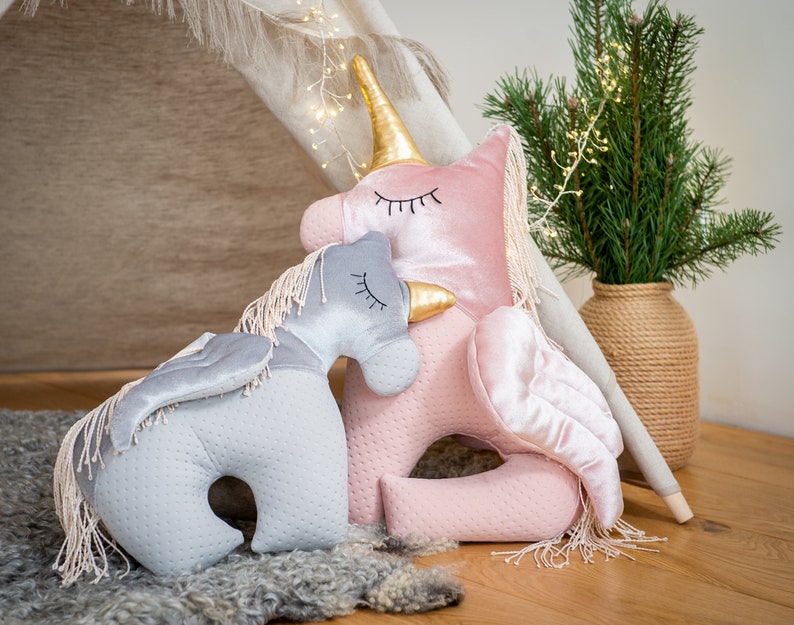 Set of Two Handmade Plush Pillows Pink Unicorn Family with Personalization. Best Mom To Be Gift Idea Mummy Pink/Baby Gray