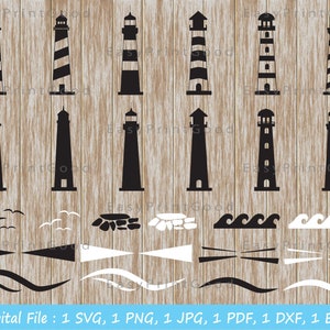 May include: A set of 10 black and white lighthouse silhouette SVG cut files. The set includes various lighthouse designs, waves, and other nautical elements. Digital file: 1 SVG, 1 PNG, 1 JPG, 1 PDF, 1 DXF, 1 ESP.