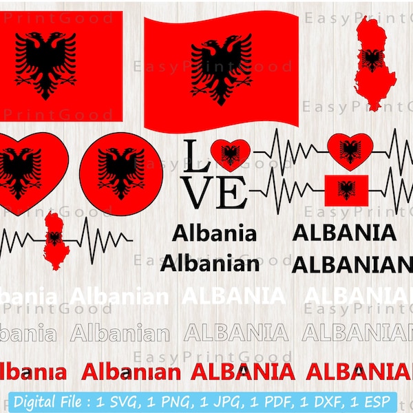 Albania Flag Bundle Svg, Albania National Flag Svg, Love, Waving, Albanian Map ClipArt, Albania Flag, Heart Albania Map, Cut file, Cricut