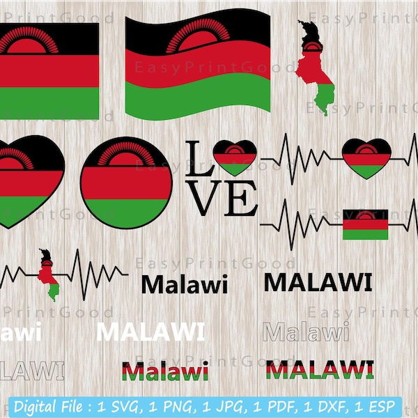 Malawi Flag Bundle Svg, Malawi Nation, Malawi Clipart, Love, Waving Flag, Flag Heart, Text Word, Heart, Map, Outline, Cut file, Cricut Svg