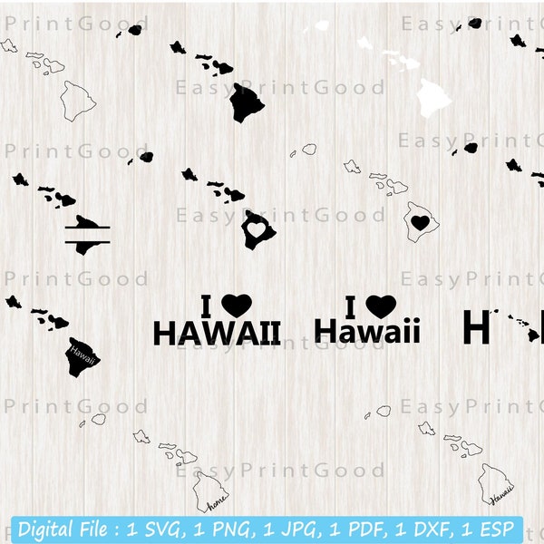 Hawaii State Svg Bundle, Hawaii Map Svg, Hawaiian State Clipart, Hawaiian Island Map Svg, Hawaii Outline, Monogram Frame, Cut file, Cricut