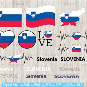 Paquete de bandera de Eslovenia Svg, bandera de Eslovenia, amor, ondear, imágenes prediseñadas de Eslovenia, corazón, mapa, nacional esloveno, letra de palabra de texto, archivo recortado, Cricut