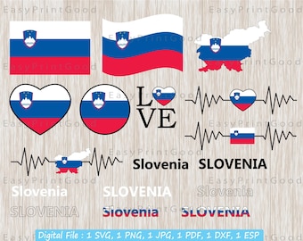 Slovenia Flag Bundle Svg, Slovenia Flag, Love, Waving, Slovenia Clip Art, Heart, Map, Slovene National, Text Word Letter, Cut file, Cricut