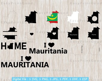 Mauritania Svg Bundle, Contour de la Mauritanie, Carte de la Mauritanie, Accueil, Clipart de Mauritanie, Amour, Cadre monogramme, Silhouette, Fichier coupé, Cricut Svg