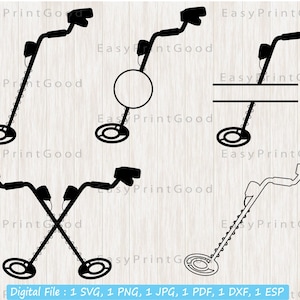 Puede incluir: Un archivo digital que contiene seis diseños diferentes de un detector de metales. Los diseños incluyen un detector de metales simple, un detector de metales con un círculo para texto, un detector de metales con una línea para texto y tres variaciones diferentes de dos detectores de metales cruzados.