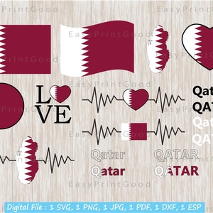 Puede incluir: Una descarga digital de un conjunto de 10 archivos SVG, PNG, JPG, PDF, DXF y ESP que presentan la bandera de Qatar en varios diseños, incluyendo un corazón, un círculo, un mapa y un gráfico de latido del corazón. El texto "LOVE" y "Qatar QATAR" también está incluido.