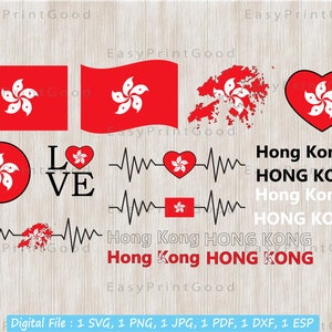 May include: A digital download of a set of Hong Kong flag graphics. The set includes a heart, a circle, a rectangle, a map, and a heartbeat graphic. The graphics are in black, white, and red. The text "Hong Kong HONG KONG" is included in the image.