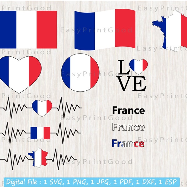 France Flag Bundle Svg, France Map, Love France, French Waving Flag, France Clip Art, Heart France, France Flag Text Word, Cut file, Cricut