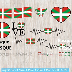 Paquete de bandera vasca Svg, Bandera del país de la nación vasca, Mapa, Palabra de texto, Amor, Agitando, Imágenes Prediseñadas, Latido del corazón, Corazón, Texto, Archivo de corte, Cricut Svg