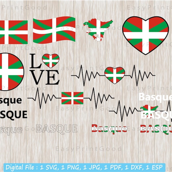 Drapeau basque Bundle Svg, bannière de pays de la Nation basque, carte, mot texte, amour, agitant, Clipart, battement de coeur, coeur, texte, couper fichier, Cricut Svg