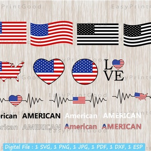 アメリカ国旗 SVG バンドル、米国国旗、アメリカ合衆国のクリップアート、アメリカのテキスト ワード、手を振る、愛、ハート、ハート、米国の黒旗、カット ファイル、Cricut