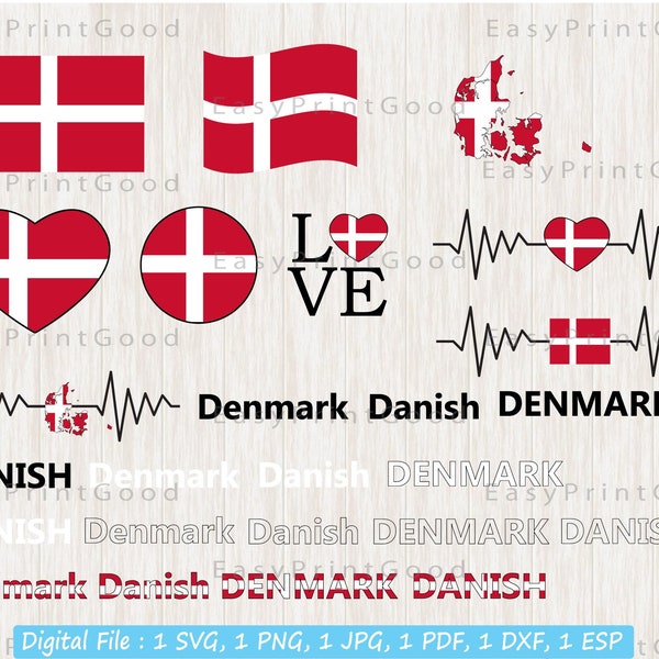 Dänemark Flagge SVG Bundle, Dänische Flagge, Dänemark Karte Flagge, Dänemark Nationalflagge, Dänische Nation Land Banner, Liebe, Winken, Ausschneiden Datei, Cricut