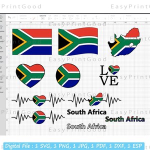May include: A digital design file featuring a South African flag in various styles, including a heart, a circle, a waving flag, a map of South Africa, and a heartbeat graphic with the text "South Africa".
