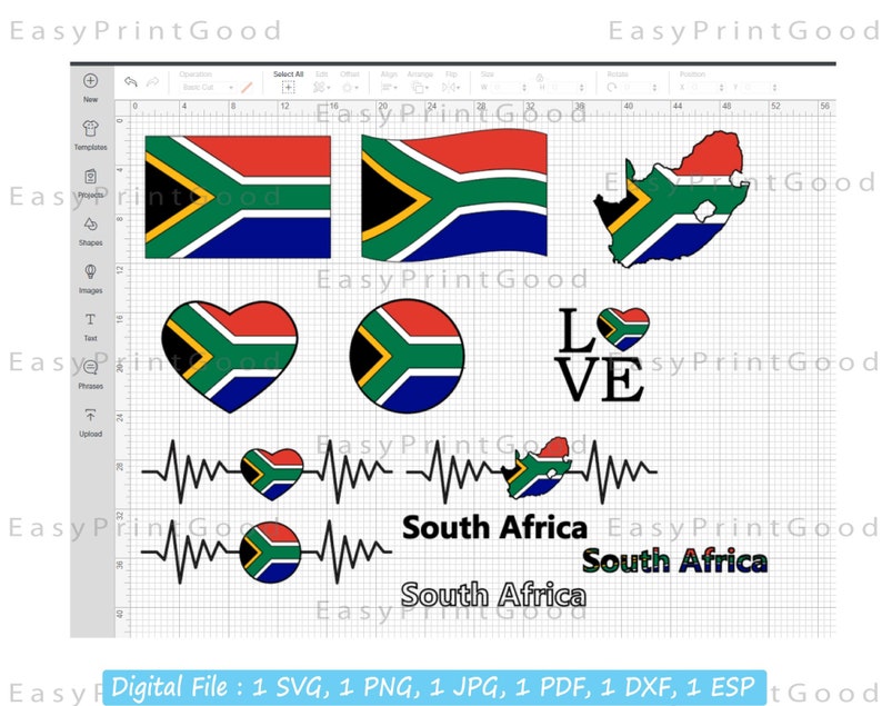 May include: A digital design file featuring a South African flag in various styles, including a heart, a circle, a waving flag, a map of South Africa, and a heartbeat graphic with the text "South Africa".