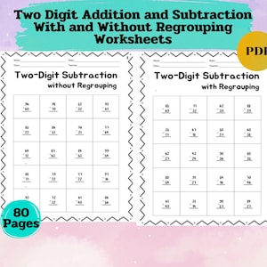 Könnte beinhalten: Arbeitsblätter zur Subtraktion zweistelliger Zahlen mit und ohne Umgruppierung. Die Arbeitsblätter sind im PDF-Format und umfassen 80 Seiten. Der Titel ist türkis auf weißem Hintergrund. Die Arbeitsblätter haben einen weißen Hintergrund mit schwarzem Text.
