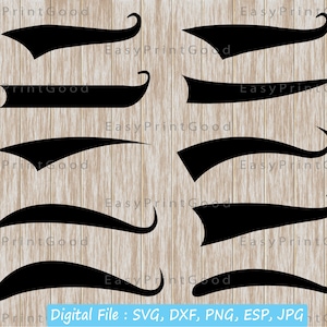 May include: Set of eight black baseball style banners with curved edges. The banners are in various sizes and shapes. Digital file: SVG, DXF, PNG, ESP, JPG.