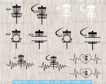 Disc Golf Svg Bundle, Disk Golfer Svg, Monogram Frame, Disc Golf Basket Clipart, Heartbeat, Disc Golf Basket, Split Frame, Cut file, Cricut